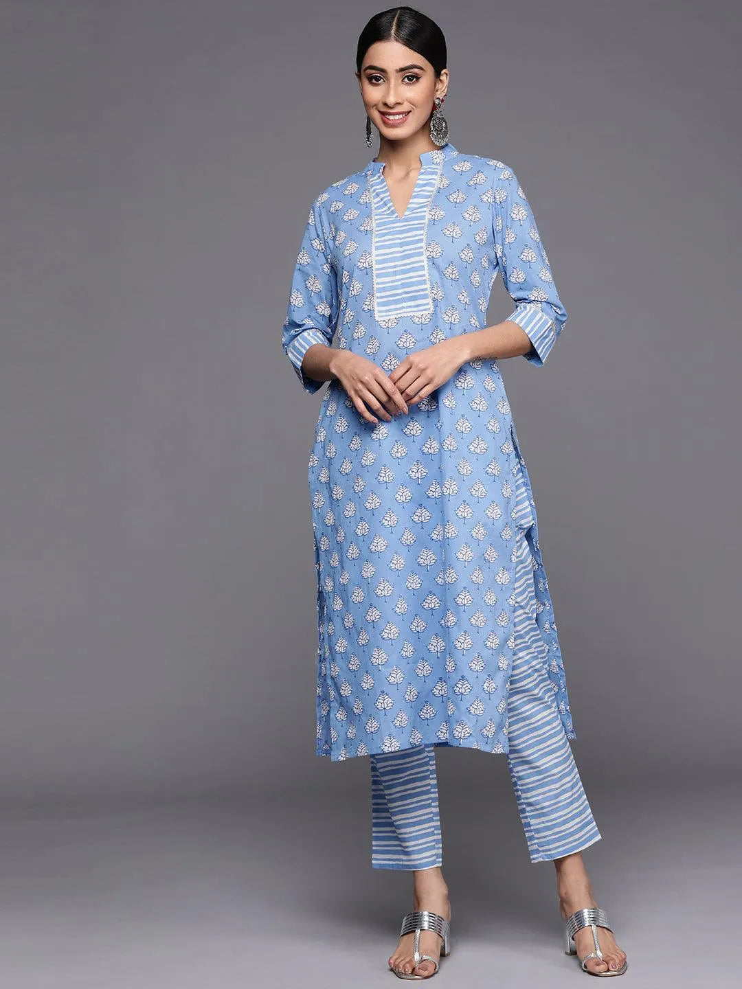 Blue Printed Cotton Straight Kurta Set With Trousers - Jashvi