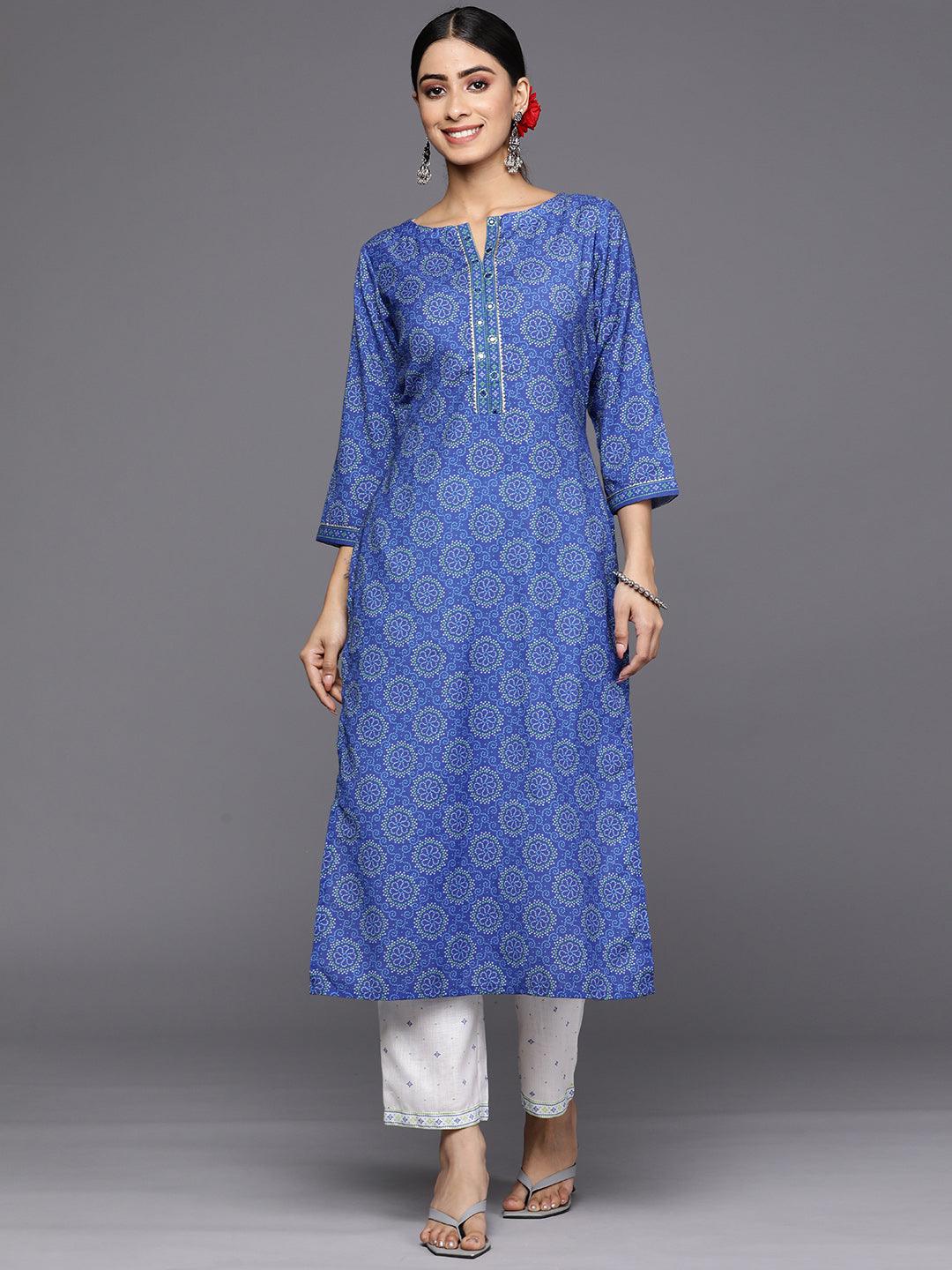 Blue Printed Cotton Straight Kurta Set With Trousers - Jashvi