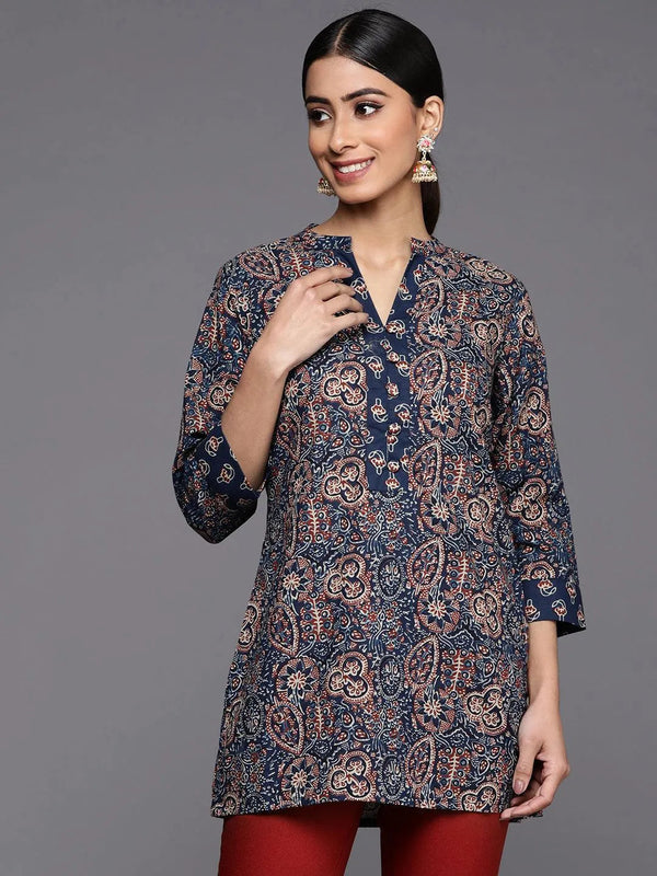 Blue Printed Cotton Straight Kurti - Jashvi