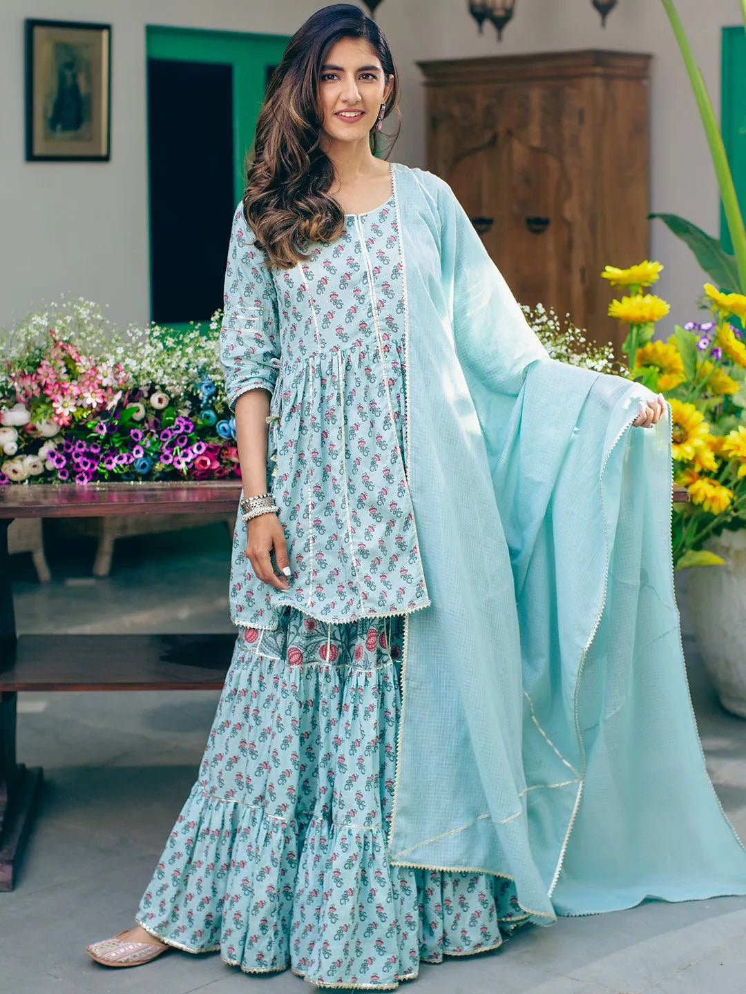 Blue Printed Cotton Suit Set - Jashvi