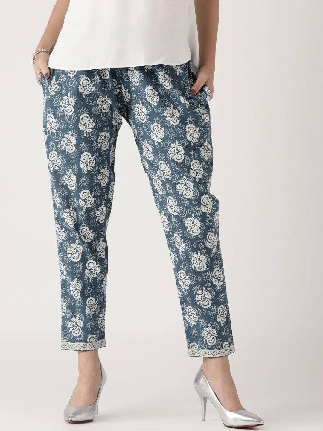 Blue Printed Cotton Trousers - Jashvi