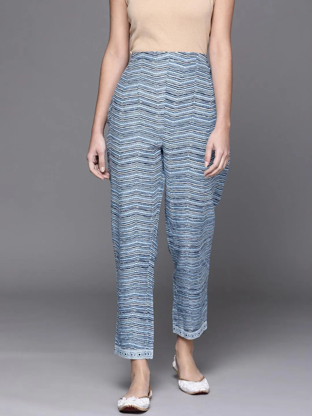 Blue Printed Cotton Trousers - Jashvi