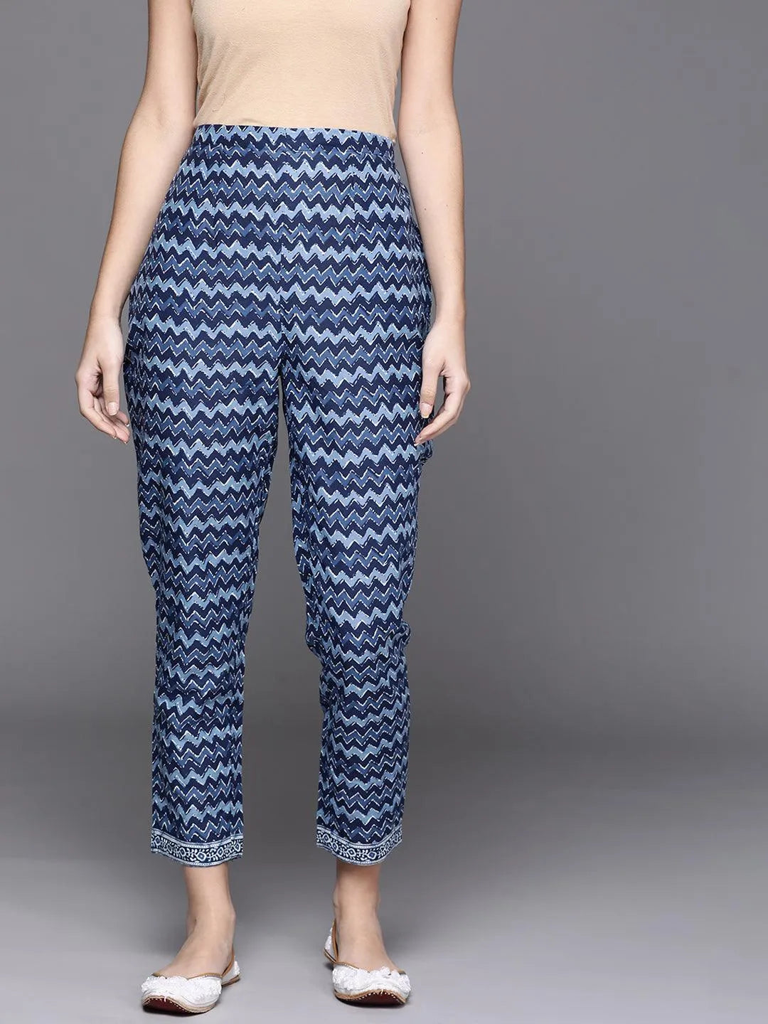 Blue Printed Cotton Trousers - Jashvi