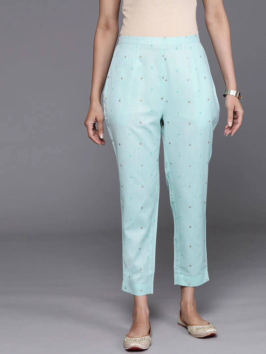 Blue Printed Cotton Trousers - Jashvi