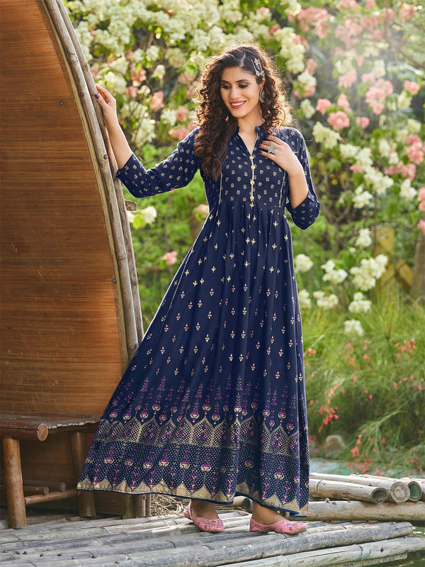 Women's Blue Printed Floor Length Kurti - Odette