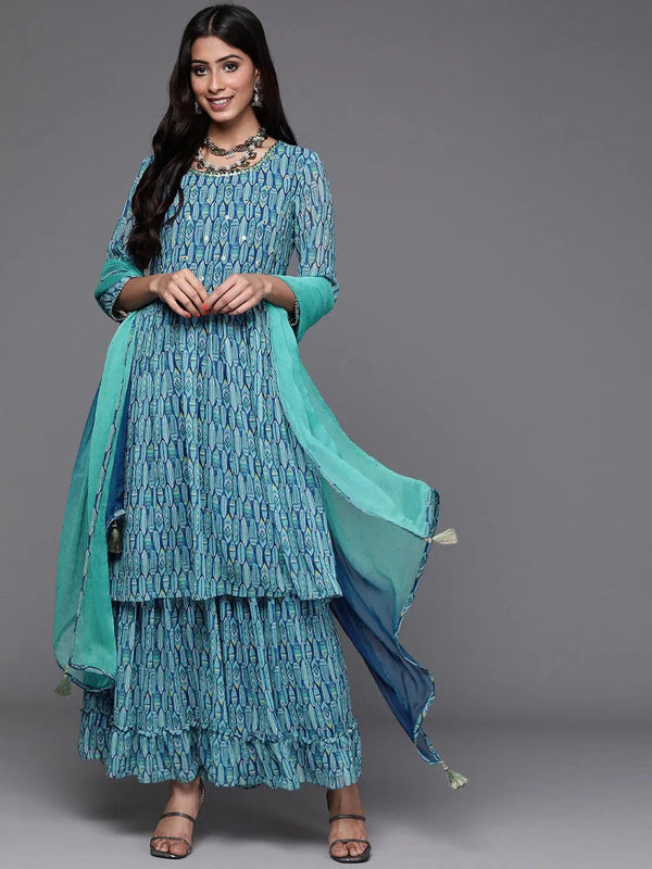 Blue Printed Georgette Suit Set - Jashvi