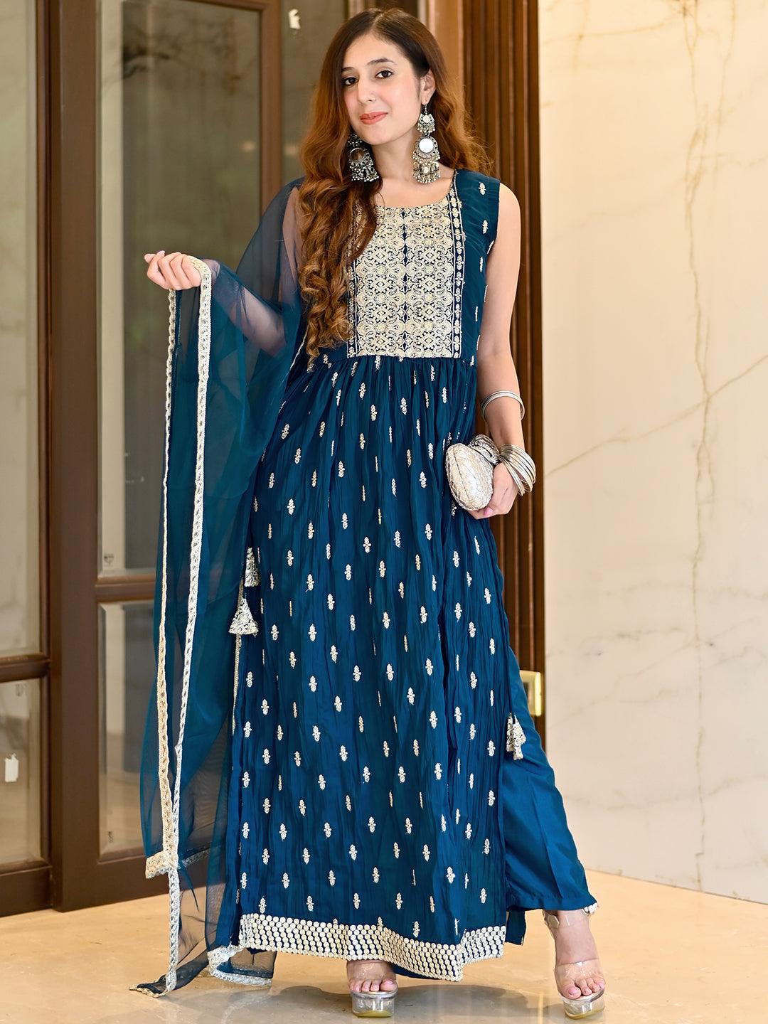 Blue Printed Georgette A-Line Kurta With Trousers & Dupatta - Jashvi