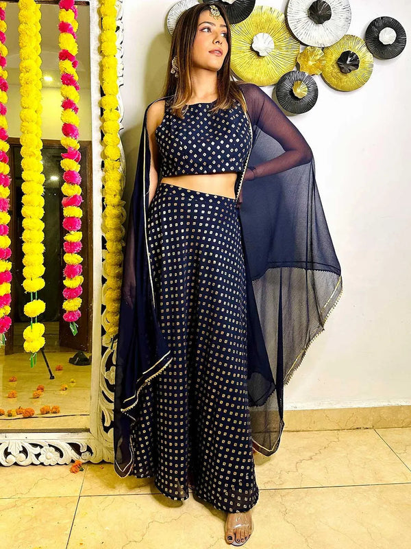 Blue Printed Georgette Lehenga Set - Jashvi