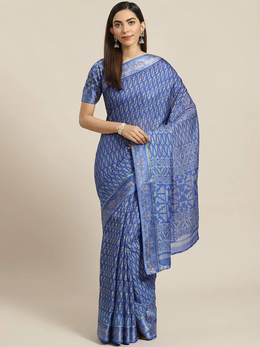 Blue Printed Linen Saree - Jashvi