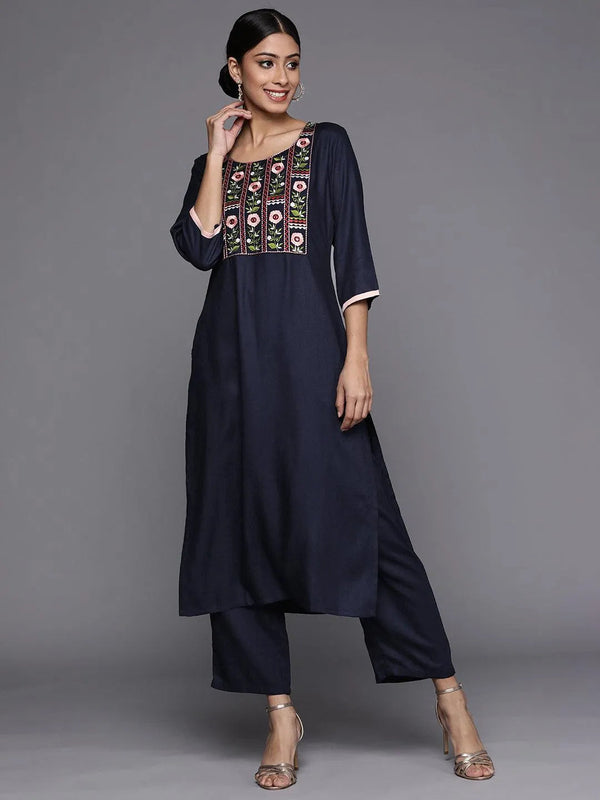 Blue Printed Pashmina Wool Kurta - Jashvi