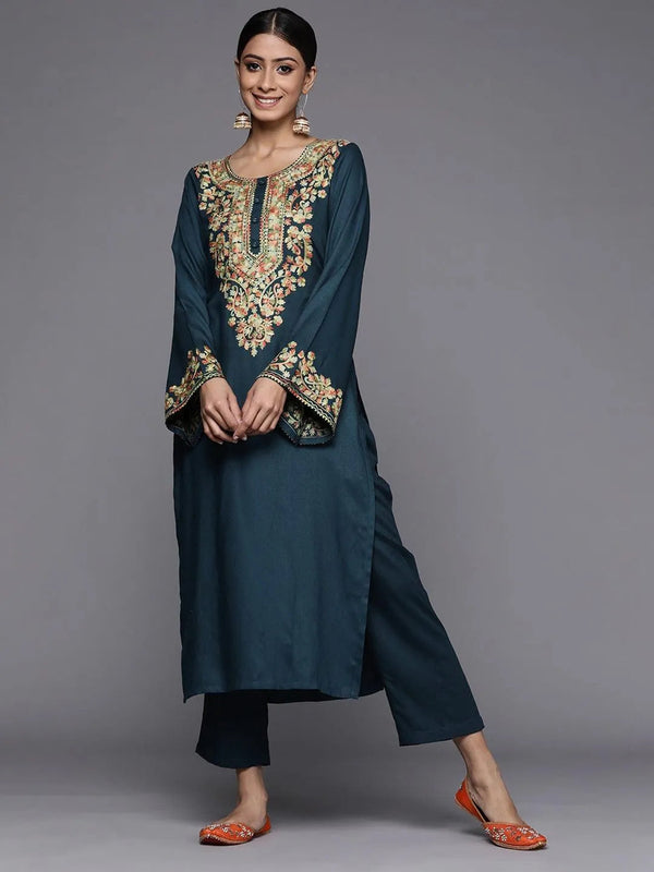 Blue Printed Pashmina Wool Kurta - Jashvi