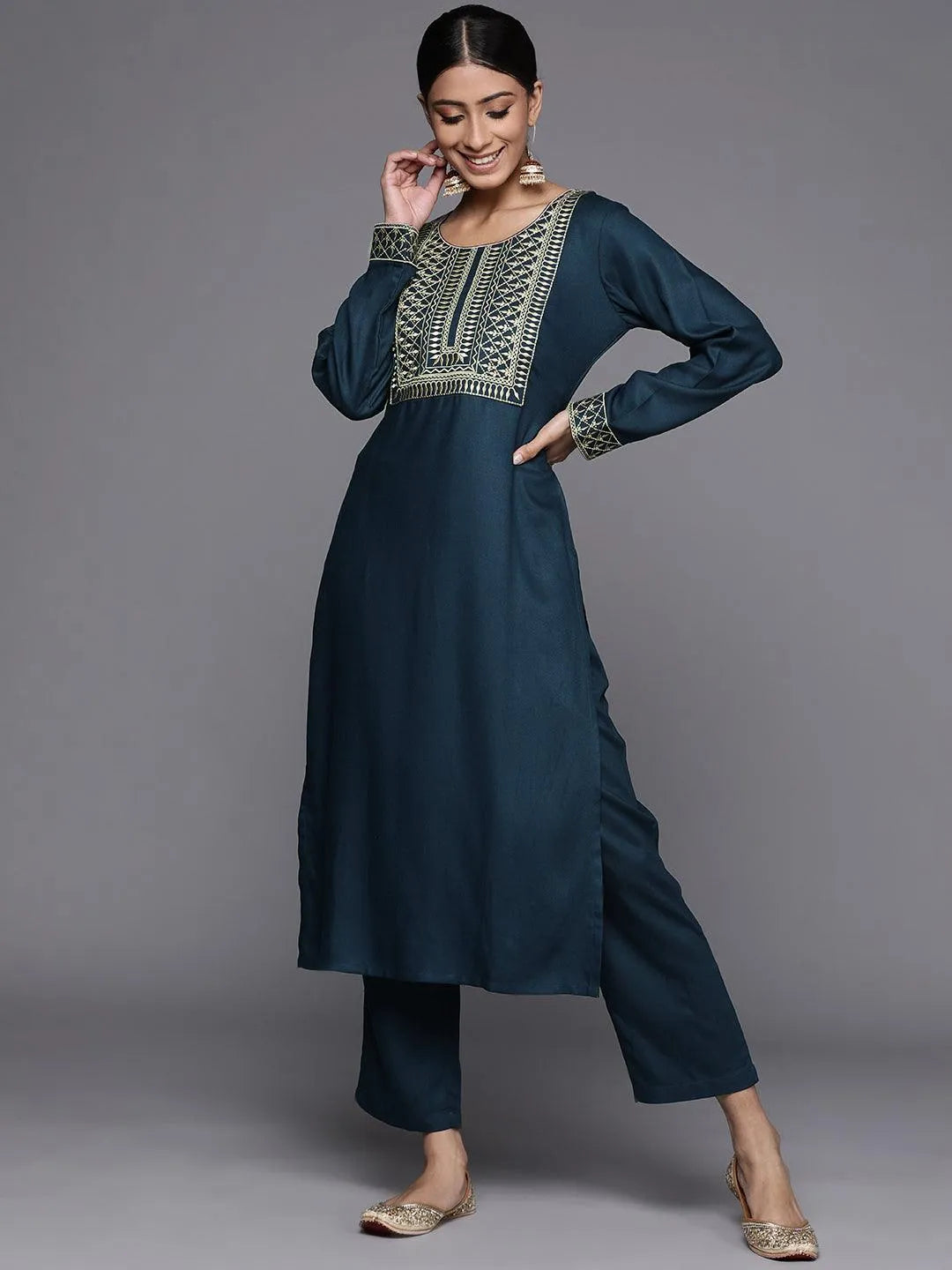 Blue Printed Pashmina Wool Kurta - Jashvi