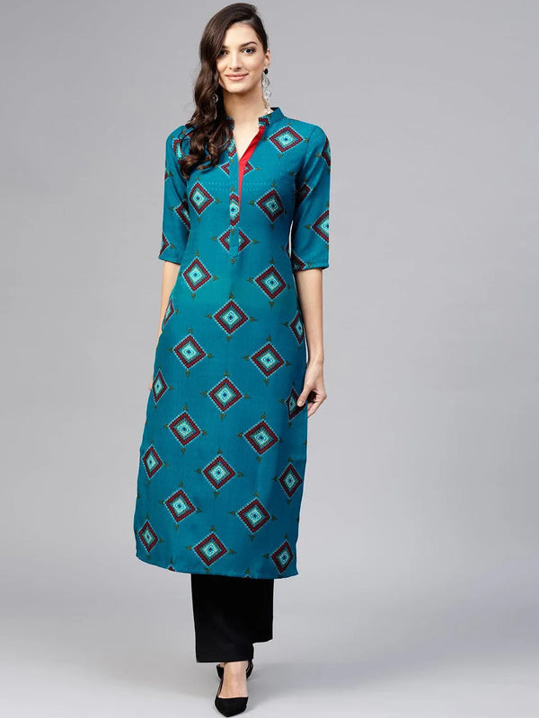 Blue Printed Polyester Kurta - Jashvi