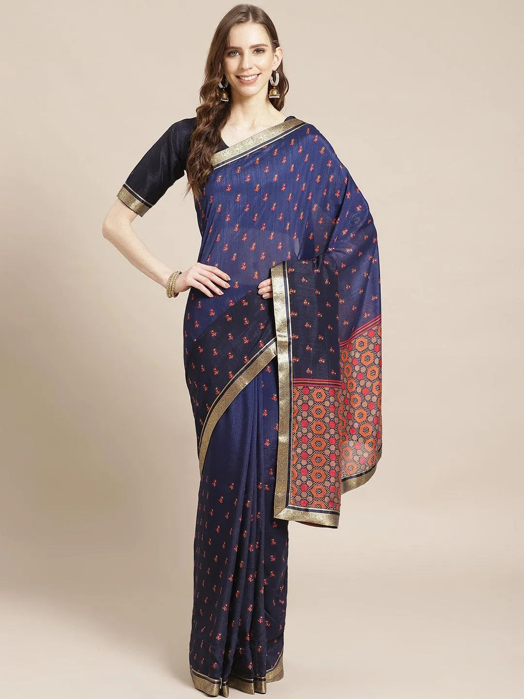 Blue Printed Polyester Saree - Jashvi