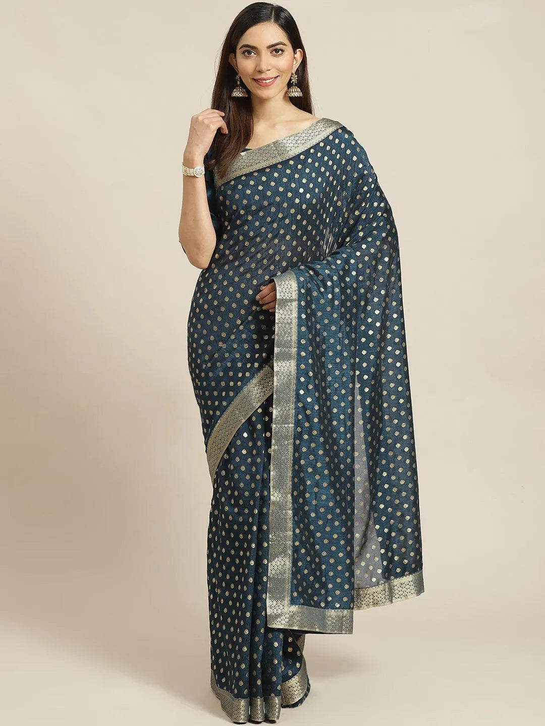 Blue Printed Polyester Saree - Jashvi