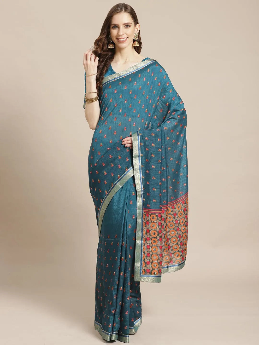 Blue Printed Polyester Saree - Jashvi