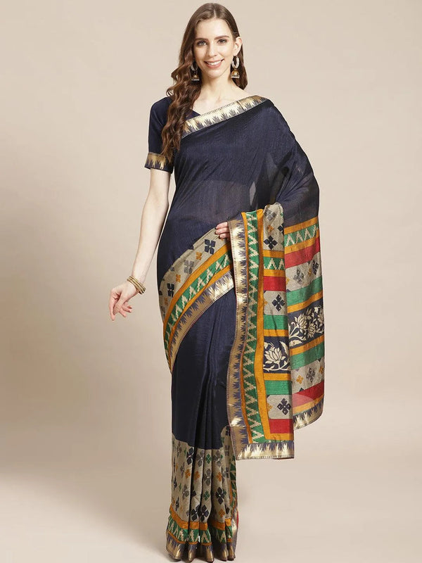 Blue Printed Polyester Saree - Jashvi