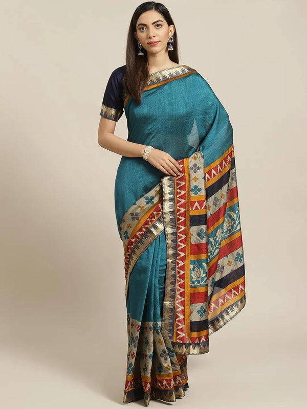 Blue Printed Polyester Saree - Jashvi