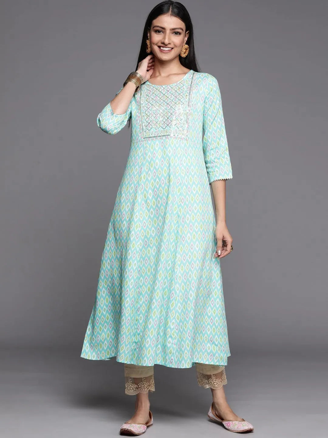 Blue Printed Rayon A-Line Kurta - Jashvi