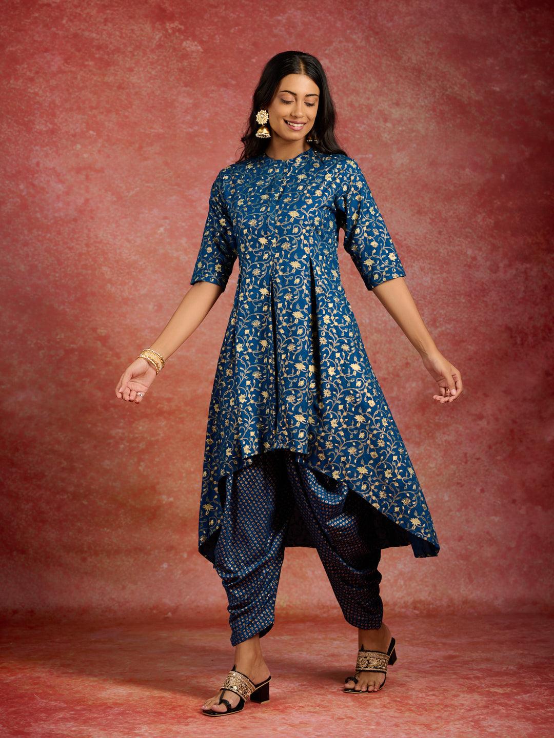 Blue Printed Rayon A-Line Kurta With Dhoti Pants - Jashvi