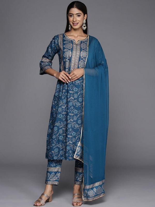 Blue Printed Rayon A-Line Kurta With Trousers & Dupatta - Jashvi