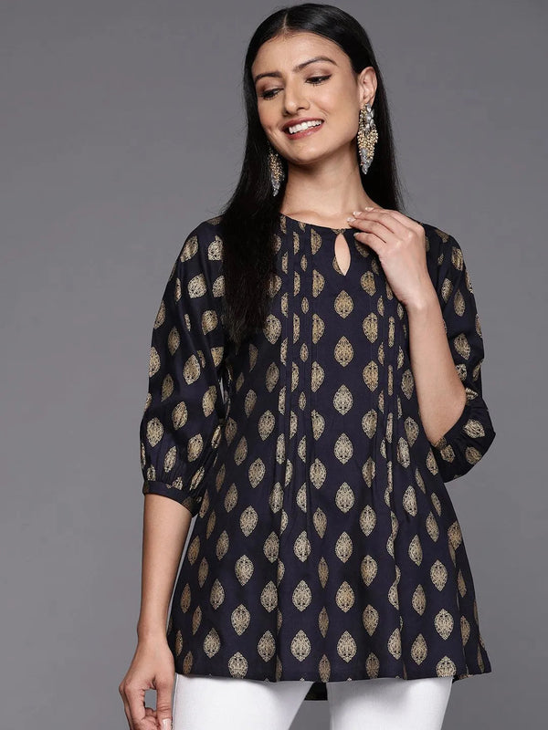 Blue Printed Rayon A-Line Kurti - Jashvi