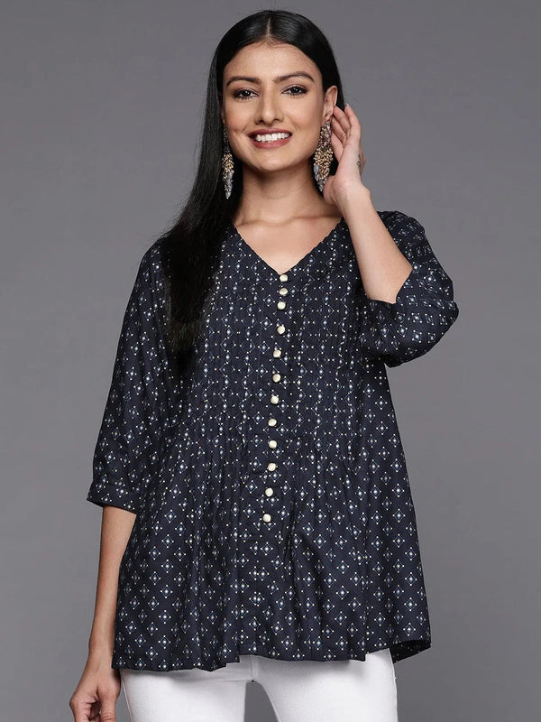 Blue Printed Rayon A-Line Kurti - Jashvi