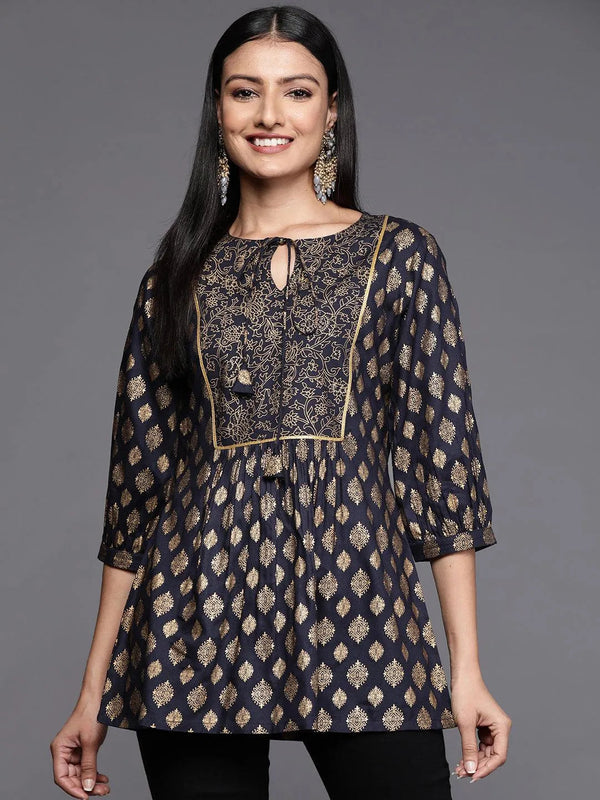 Blue Printed Rayon A-Line Kurti - Jashvi