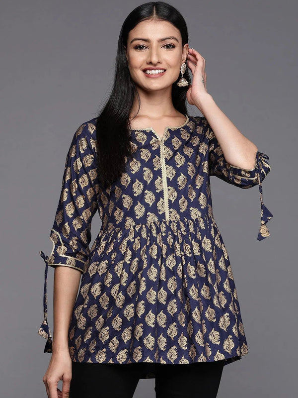 Blue Printed Rayon A-Line Kurti - Jashvi