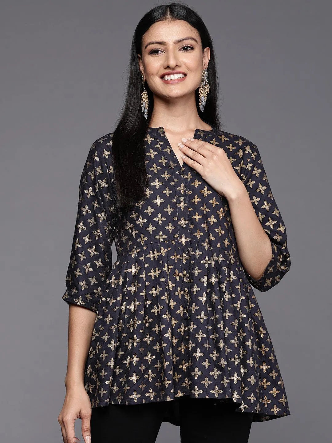 Blue Printed Rayon A-Line Kurti - Jashvi