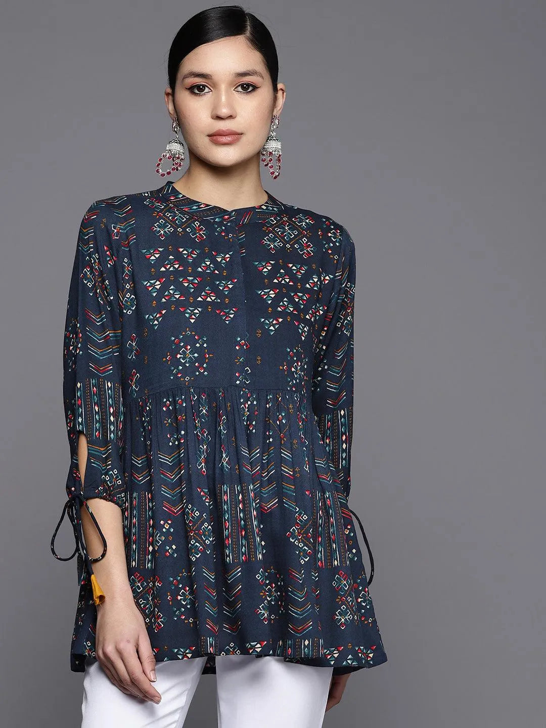 Blue Printed Rayon A-Line Kurti - Jashvi