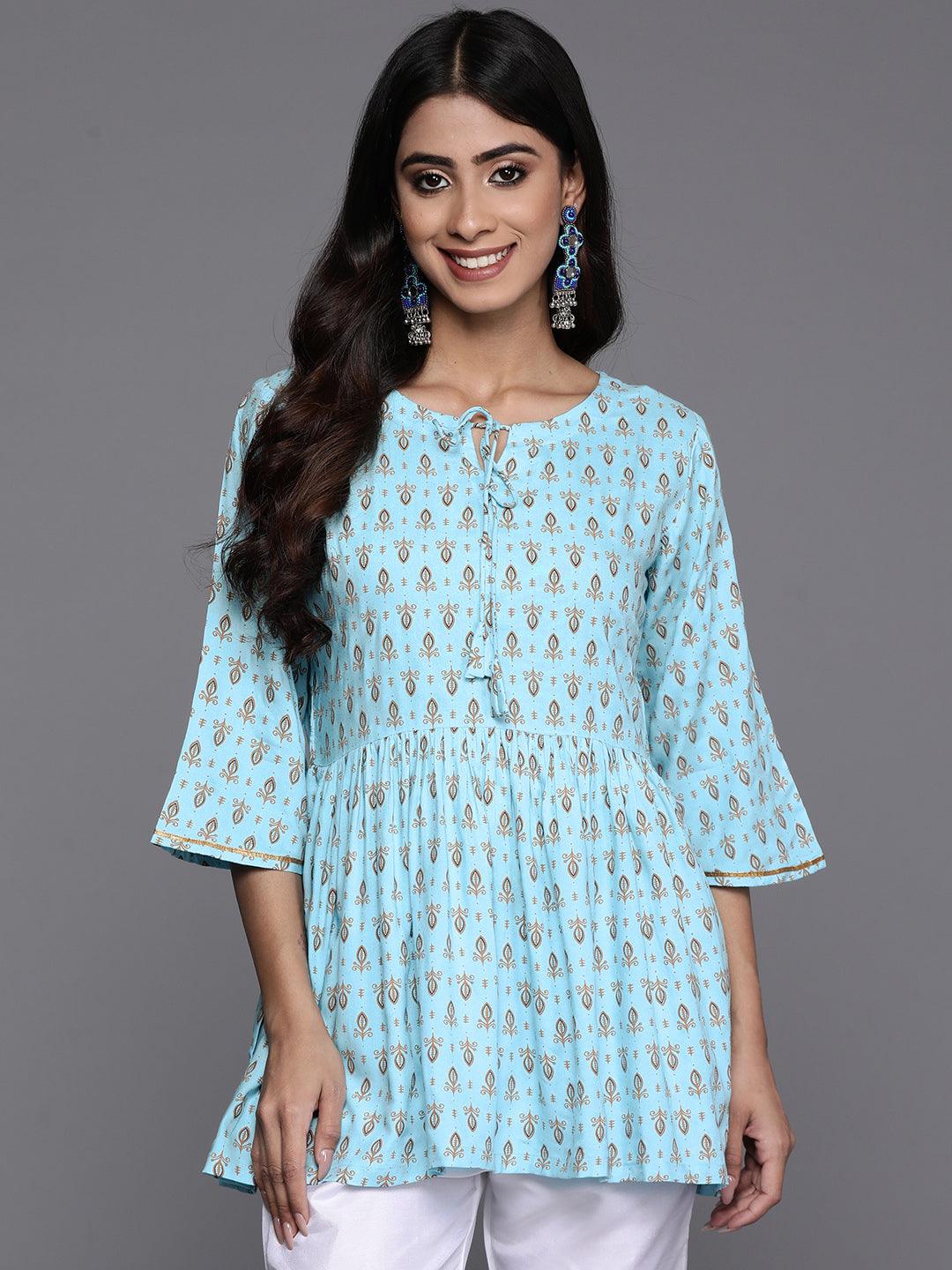 Blue Printed Rayon A-Line Kurti - Jashvi