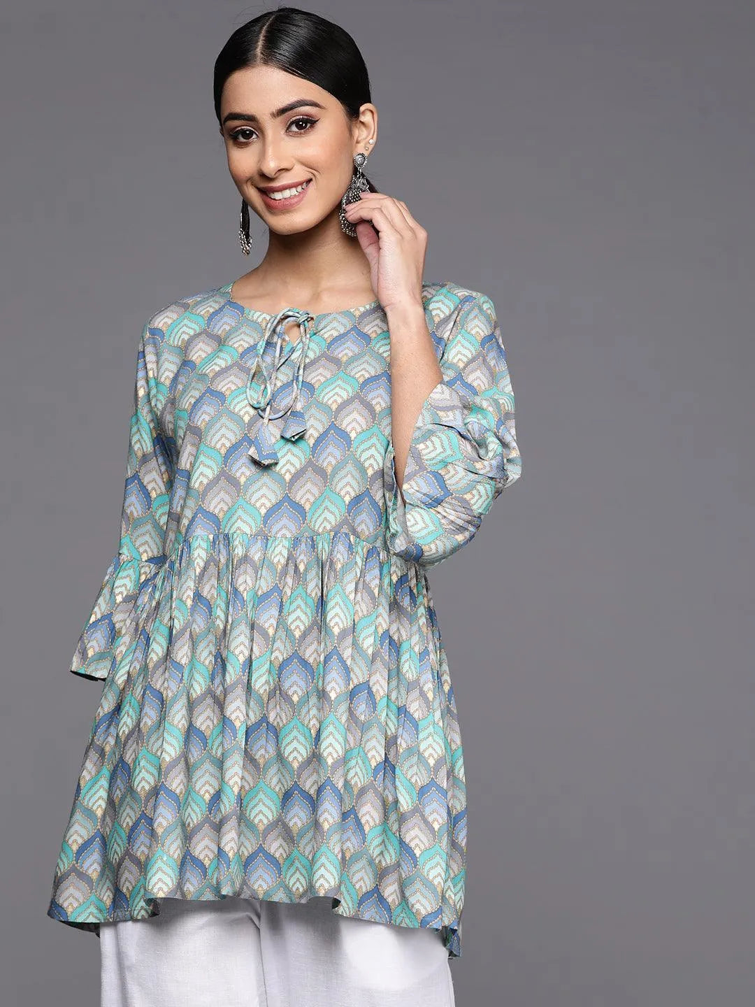 Blue Printed Rayon A-Line Kurti - Jashvi