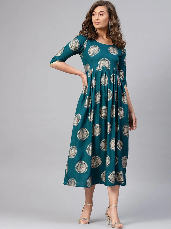 Blue Printed Rayon Dress - Jashvi