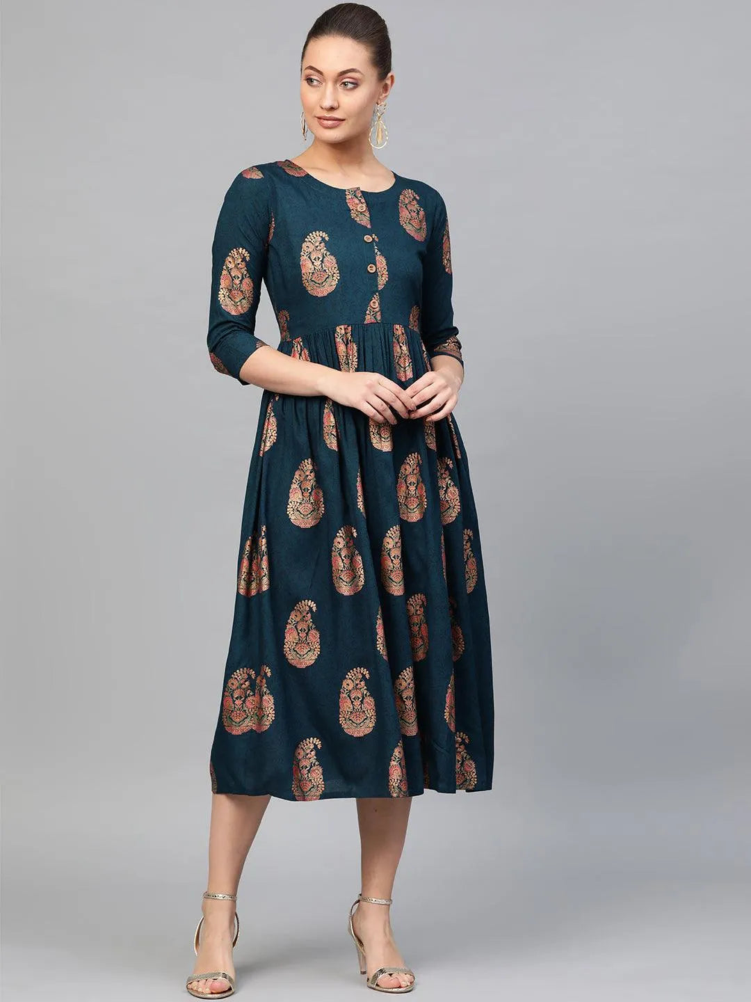 Blue Printed Rayon Dress - Jashvi