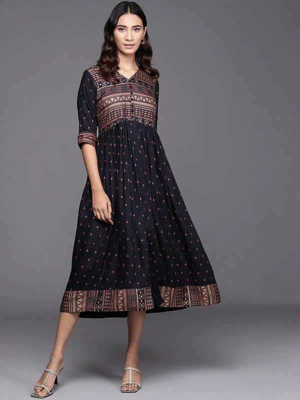 Blue Printed Rayon Dress - Jashvi