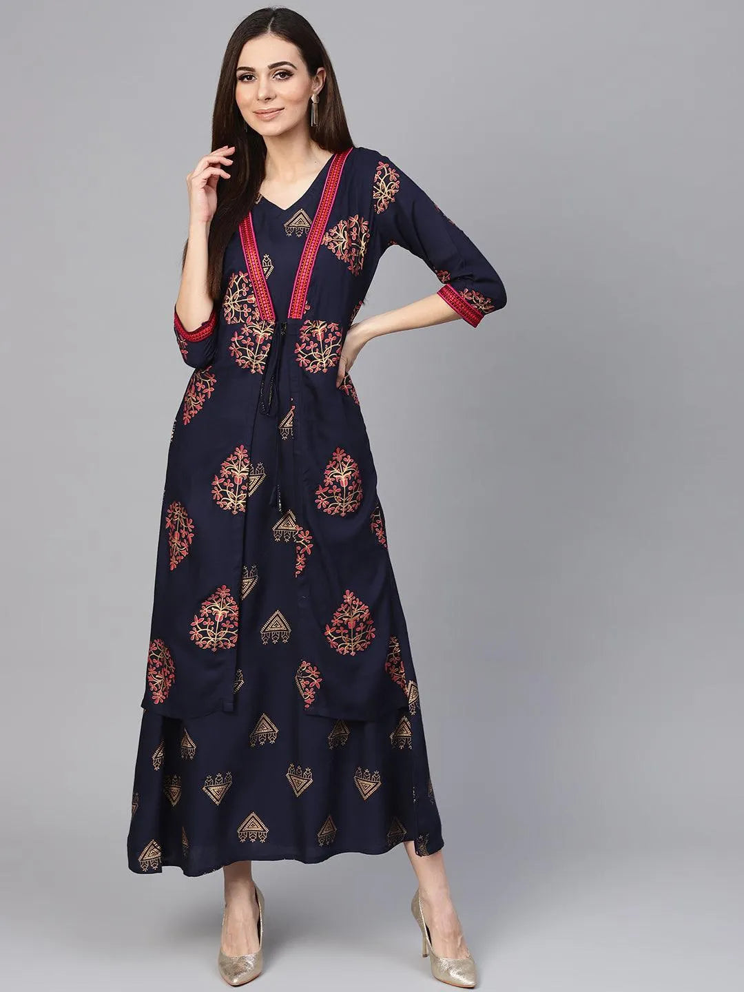 Blue Printed Rayon Dress With Jacket - Jashvi