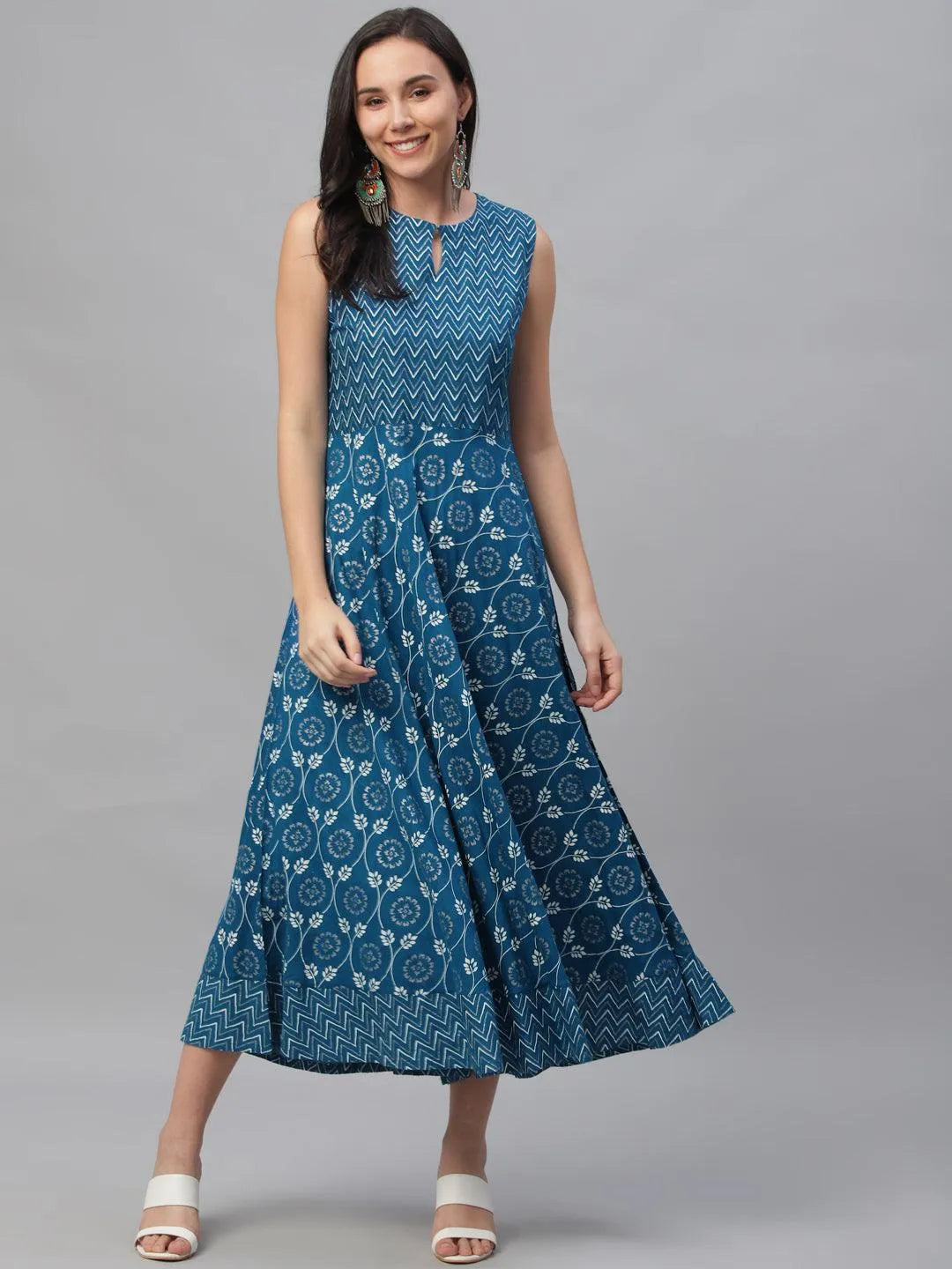 Blue Printed Rayon Dress With Jacket - Jashvi