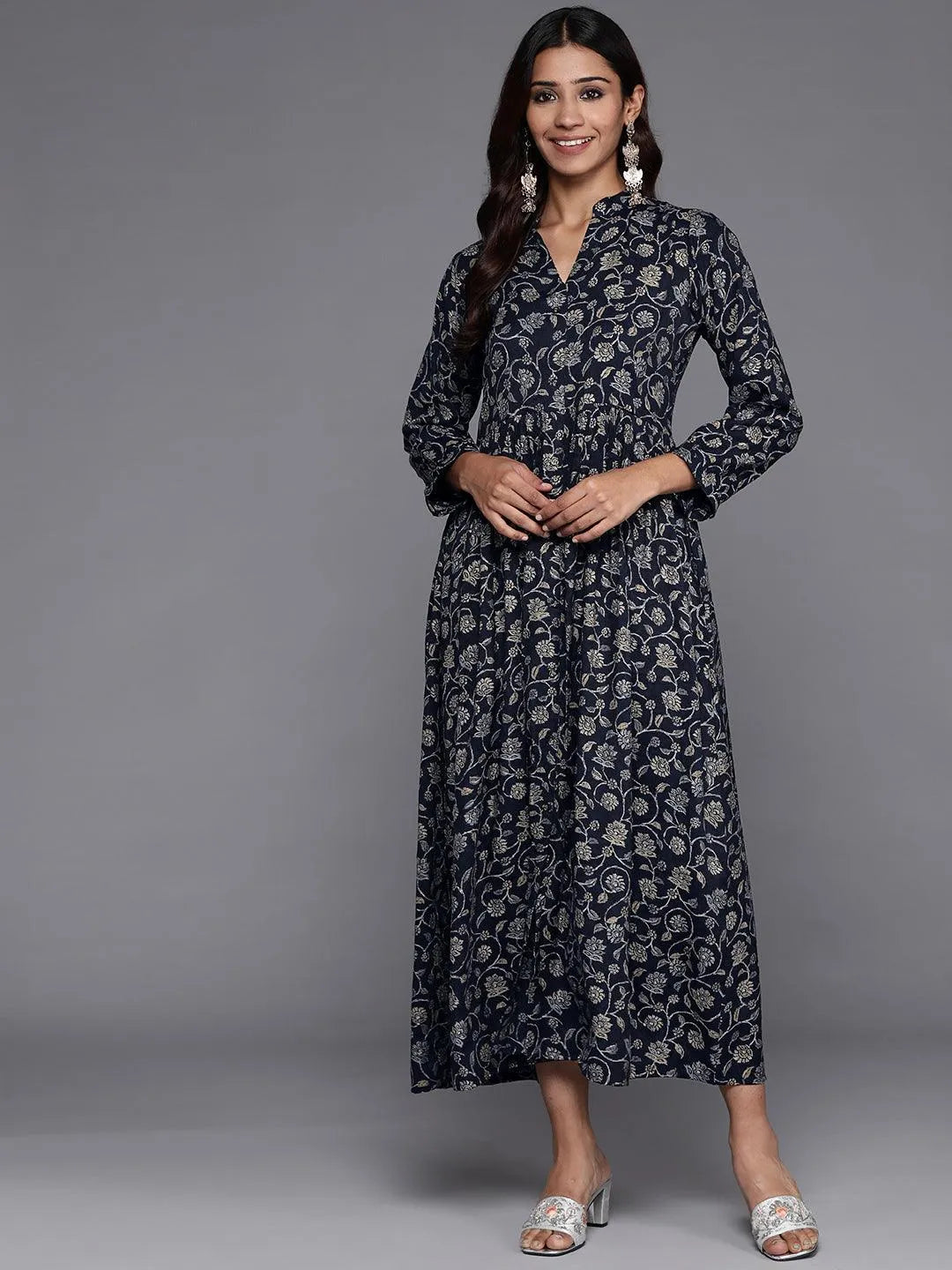 Blue Printed Rayon Fit and Flare Dress - Jashvi