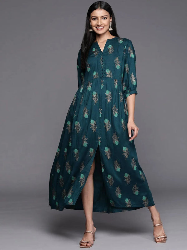 Blue Printed Rayon Fit and Flared Dress - Jashvi