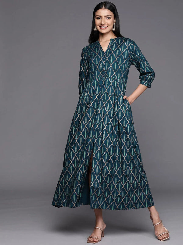 Blue Printed Rayon Fit and Flared Dress - Jashvi