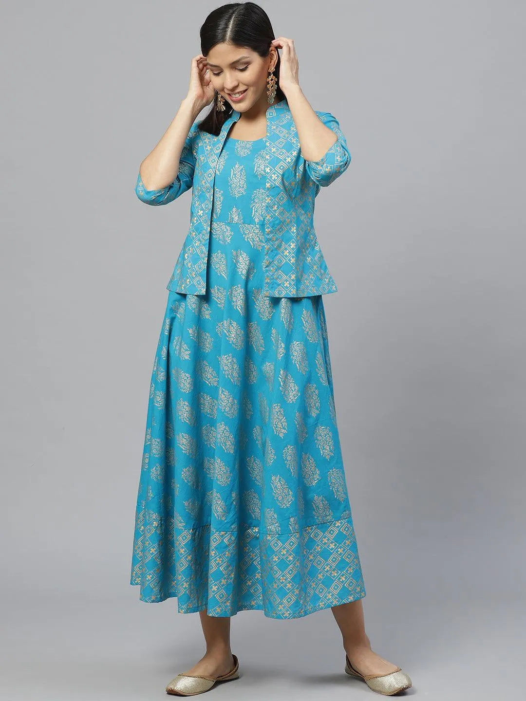 Blue Printed Rayon Jacket Dress With Mask - Jashvi