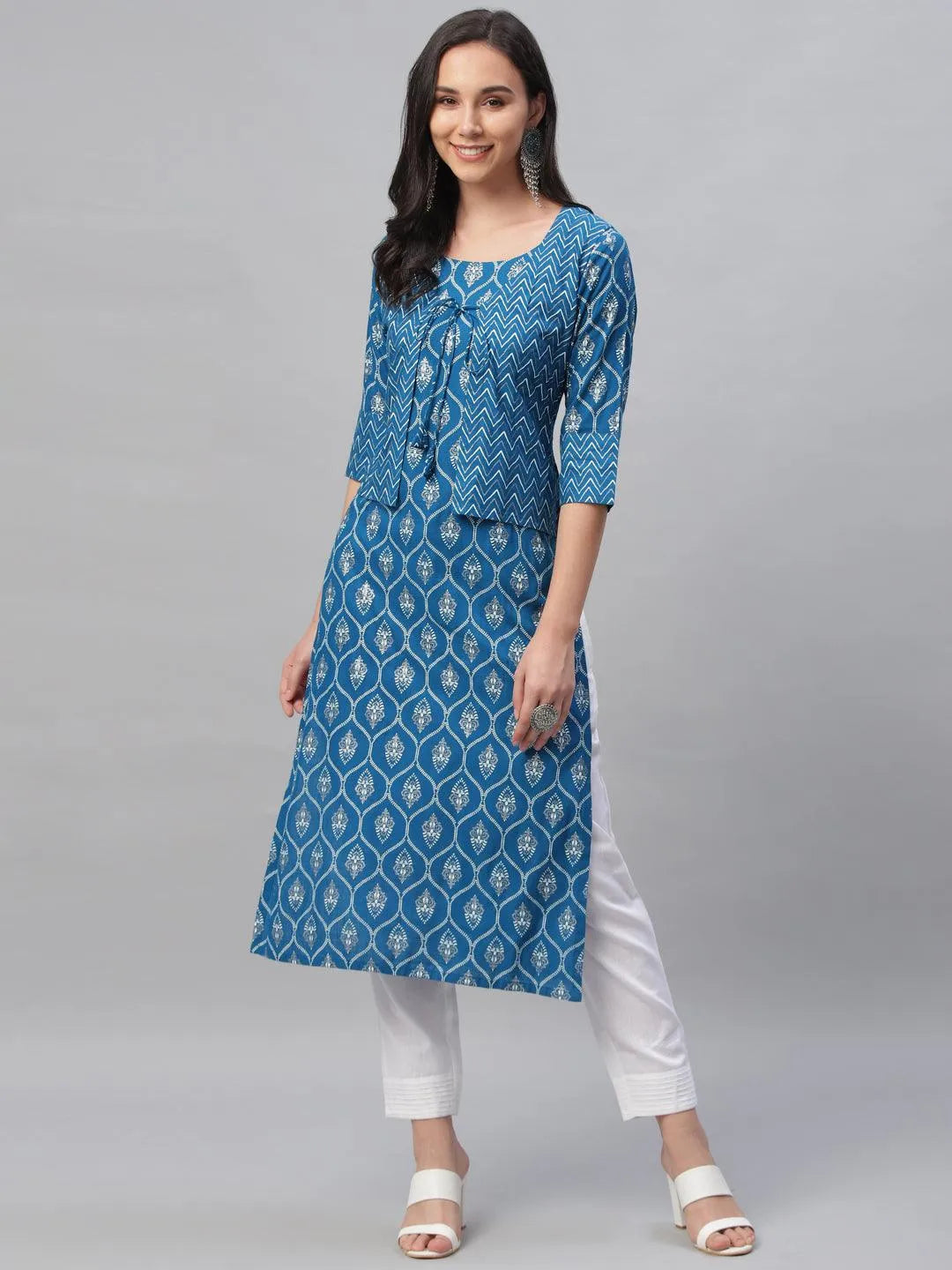 Blue Printed Rayon Kurta With Jacket - Jashvi