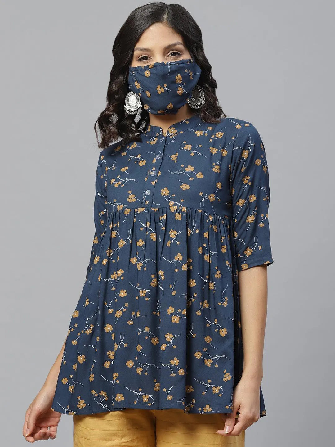 Blue Printed Rayon Kurti With Mask - Jashvi