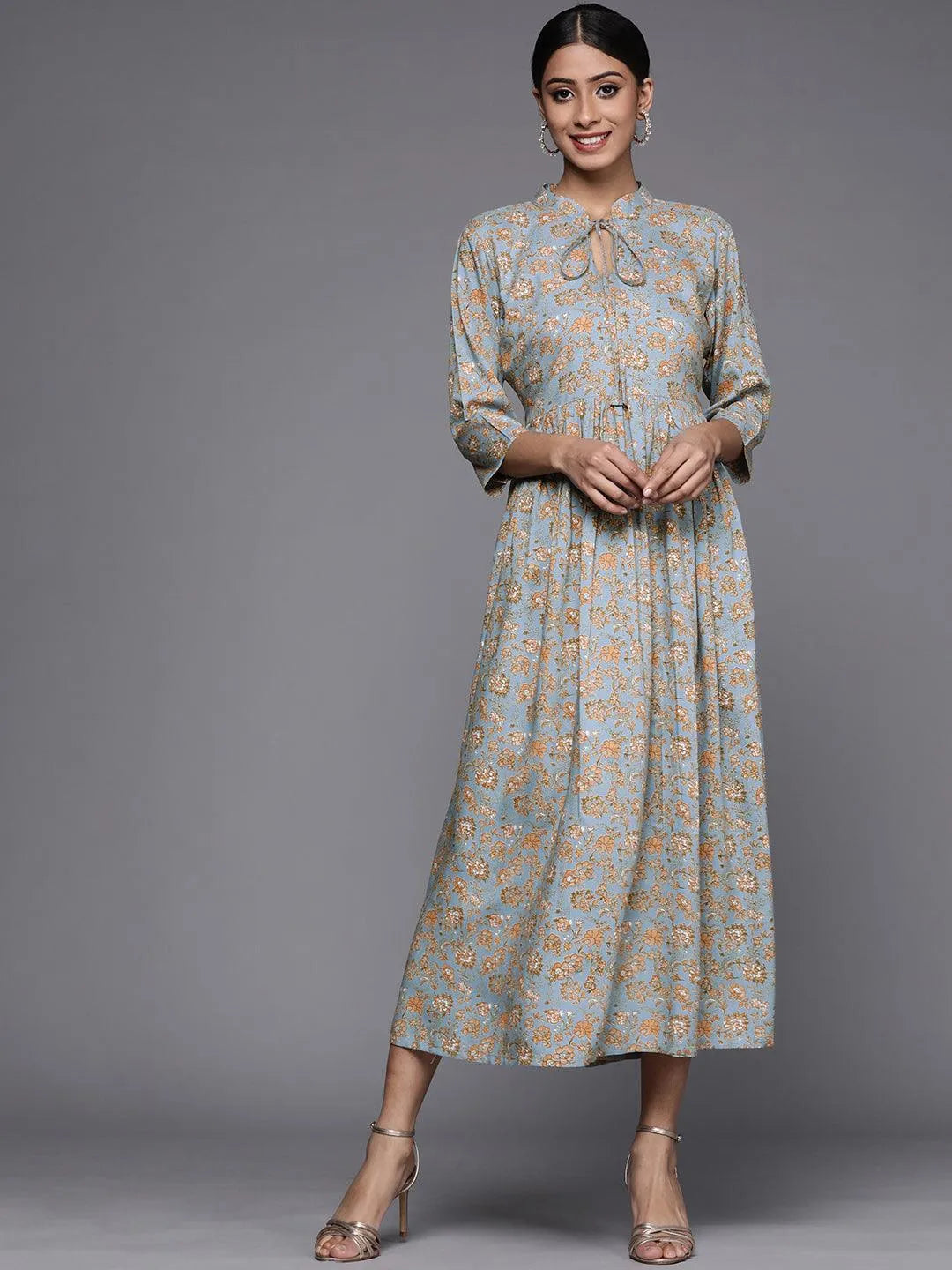 Blue Printed Rayon Maxi Dress - Jashvi