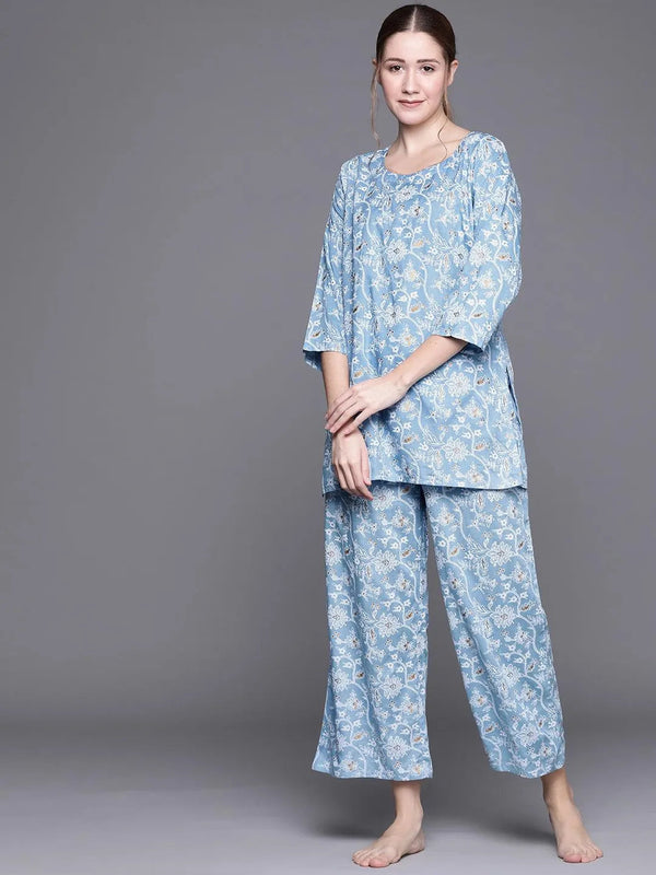 Blue Printed Rayon Night Suit - Jashvi