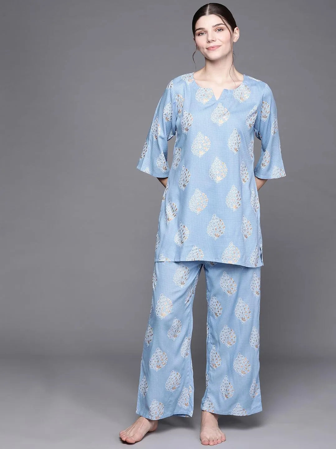 Blue Printed Rayon Night Suit - Jashvi