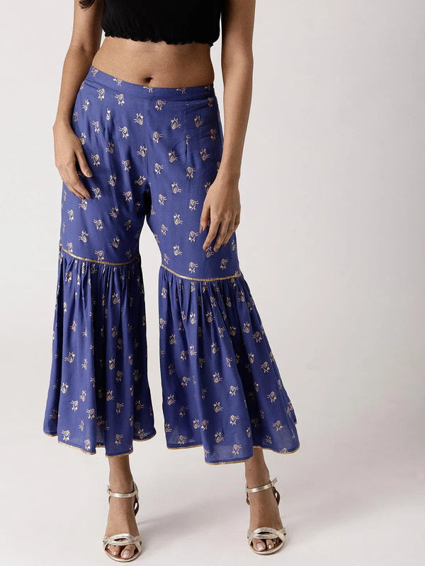 Blue Printed Rayon Sharara Pants - Jashvi