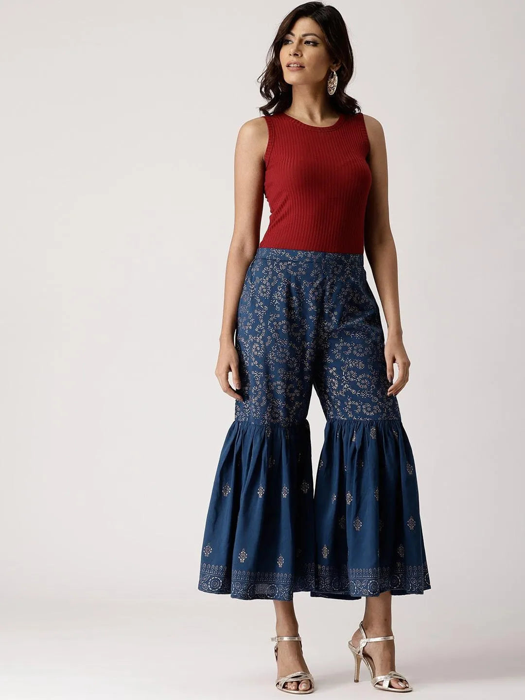 Blue Printed Rayon Sharara Pants - Jashvi