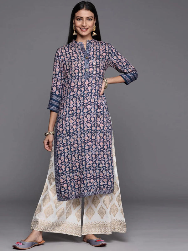 Blue Printed Rayon Straight Kurta - Jashvi